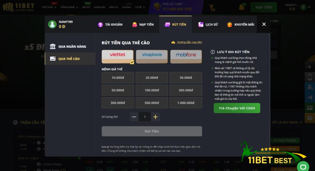 Rút tiền tại 11Bet bằng thẻ cào tiện lợi với tay chơi không có TKNH 