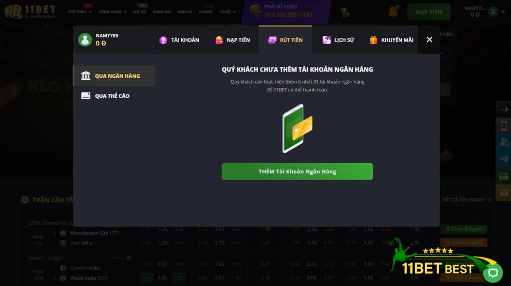 Rút tiền từ 11Bet bằng tài khoản ngân hàng